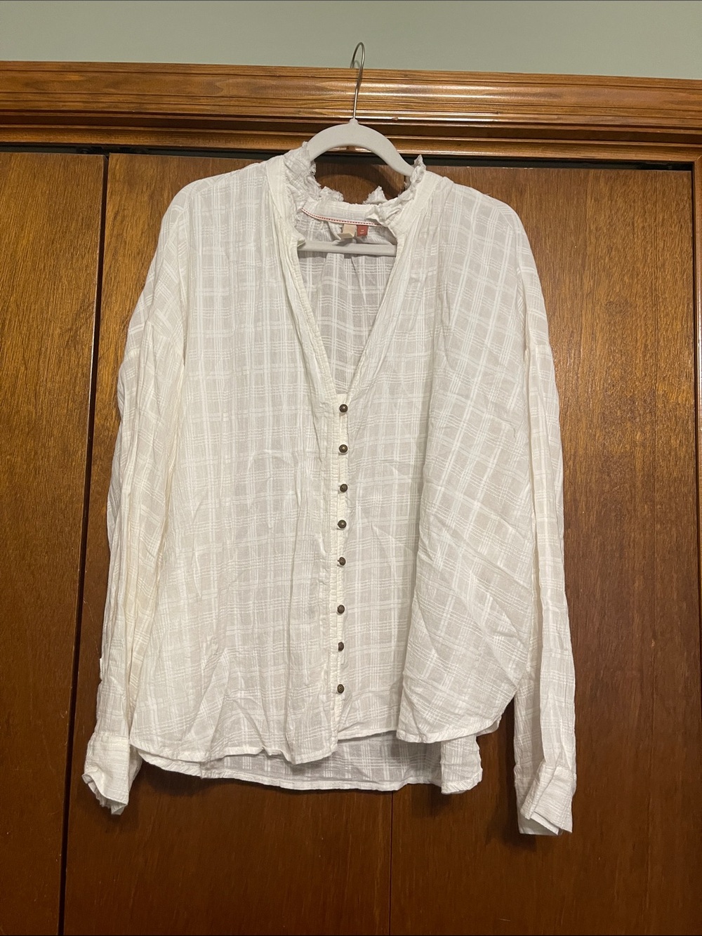 Pilcro by Anthropologie 3x Cream Plaid Button-Front Blouse w/ Ruffle Collar